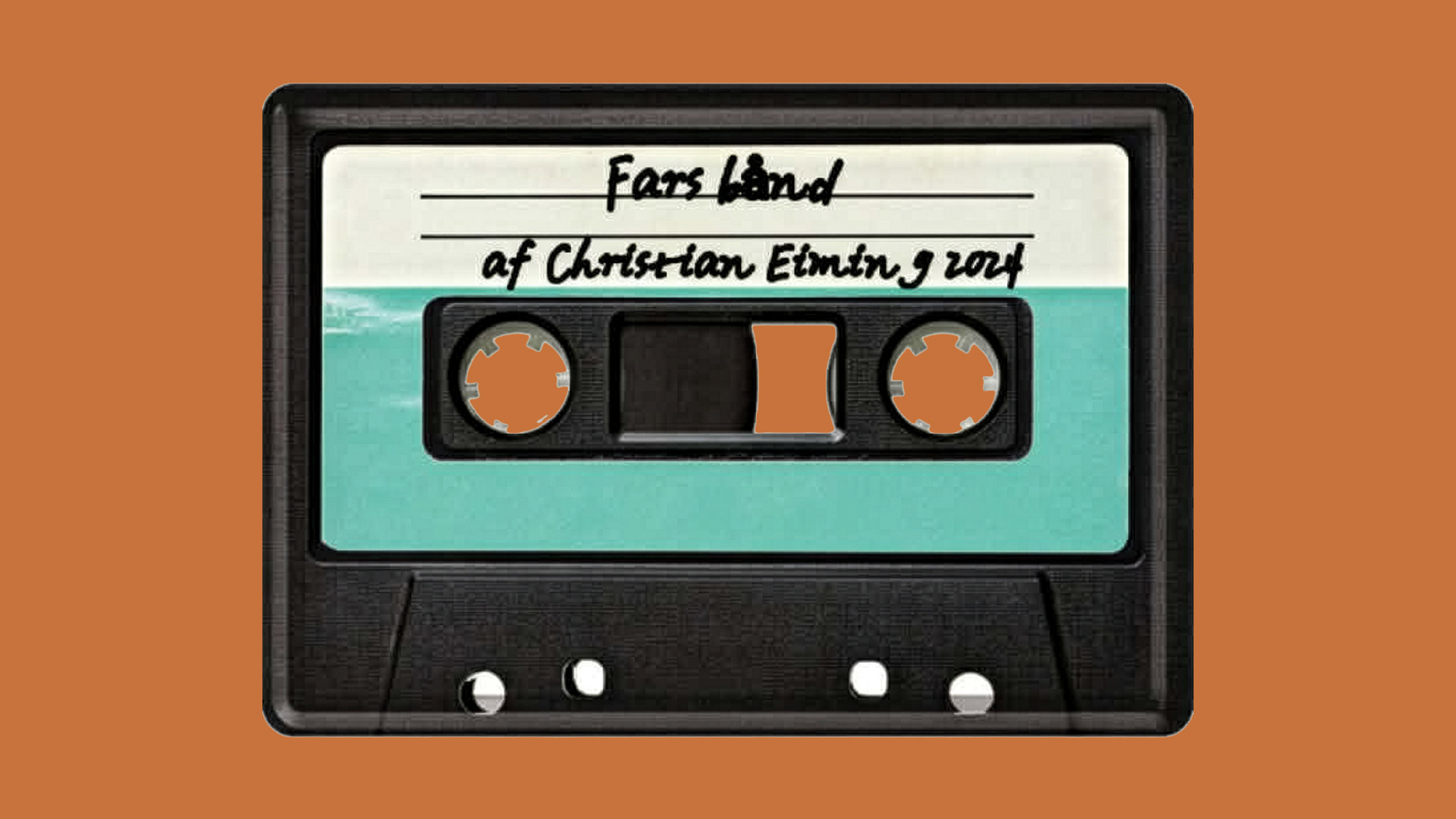 Plakat for Fars bånd: en gammel kassette med håndskreven etiket "Fars bånd – af Christian Eiming" på orange baggrund