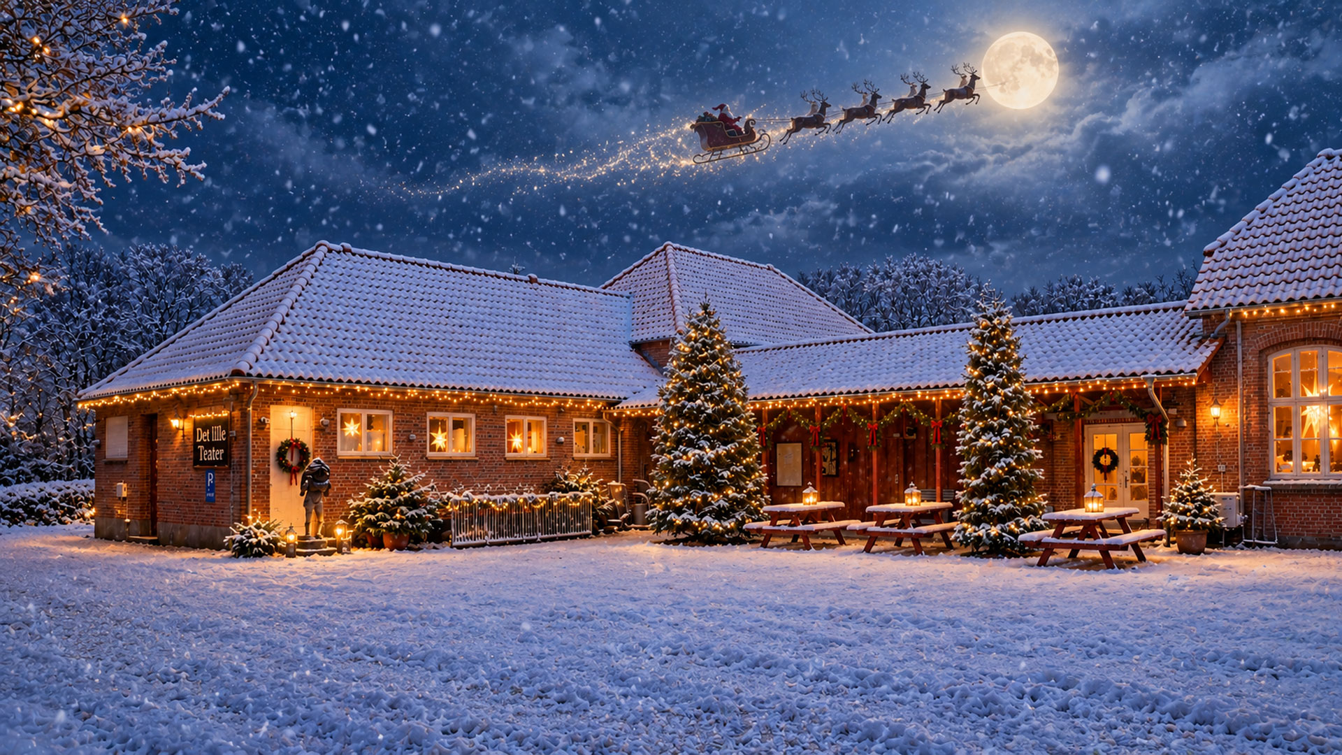 Det lille Teater i Gråsten i vintersne med julelys, juletræer og julemandens kane på himlen